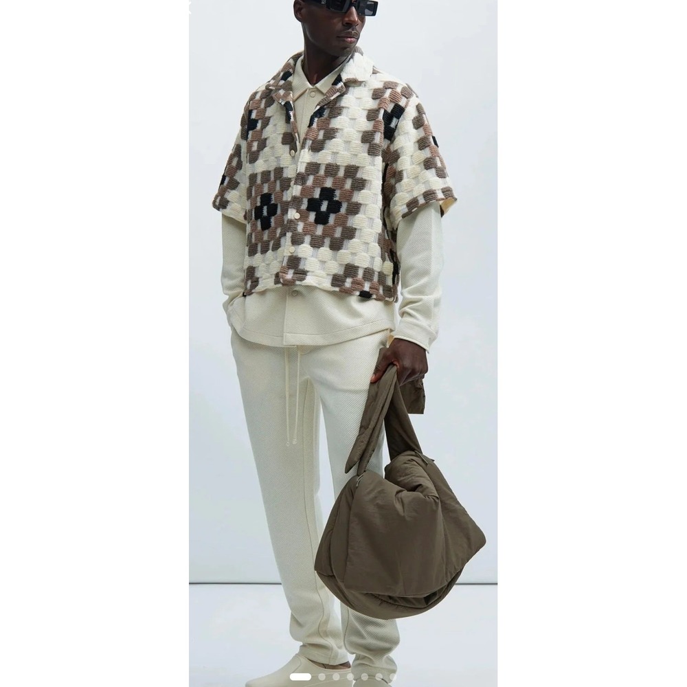 Fashion Nova Men Geometric Checkerboard Textured Knit Button Down Shirt Large